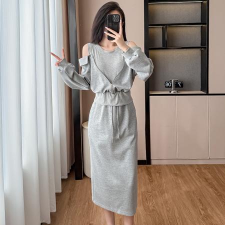 FA38650# 运动休闲套装女秋季新款露肩假两件上衣A字短裙两件套 服裝批發女裝批發服飾貨源