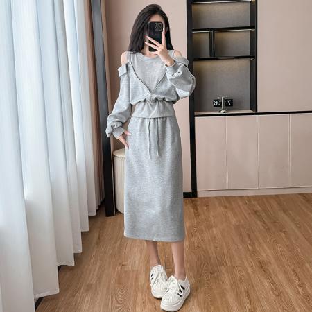 FA38650# 运动休闲套装女秋季新款露肩假两件上衣A字短裙两件套 服裝批發女裝批發服飾貨源