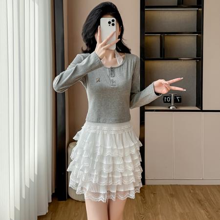FA38651# 甜美芭蕾风蕾丝花边蓬蓬蛋糕裙韩系百搭褶皱两件套显瘦a字短裙 服裝批發女裝批發服飾貨源