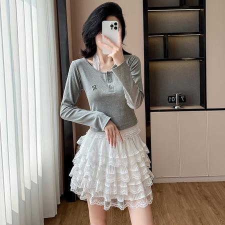 FA38651# 甜美芭蕾风蕾丝花边蓬蓬蛋糕裙韩系百搭褶皱两件套显瘦a字短裙 服裝批發女裝批發服飾貨源