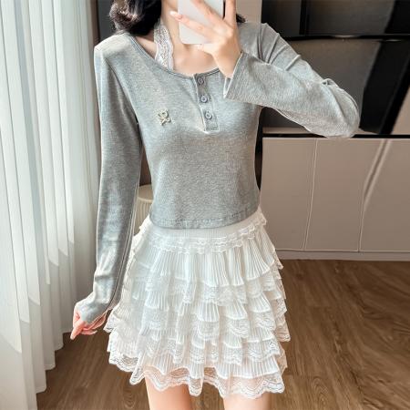 FA38651# 甜美芭蕾风蕾丝花边蓬蓬蛋糕裙韩系百搭褶皱两件套显瘦a字短裙 服裝批發女裝批發服飾貨源