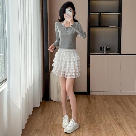 FA38651# 甜美芭蕾风蕾丝花边蓬蓬蛋糕裙韩系百搭褶皱两件套显瘦a字短裙 服裝批發女裝批發服飾貨源