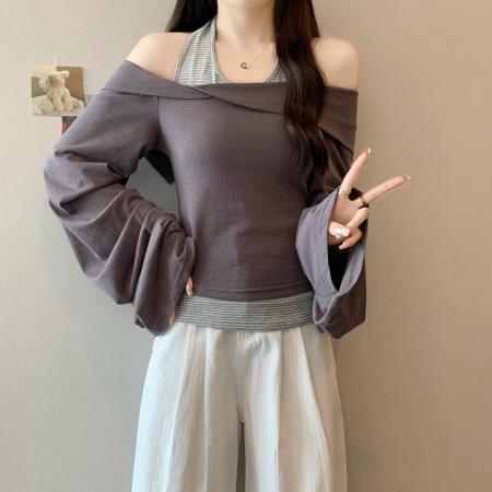 FA38653# 两件套不规则衬衫一字领修身长袖T恤上衣大码女装 服裝批發女裝批發服飾貨源