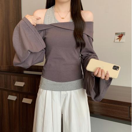 FA38653# 两件套不规则衬衫一字领修身长袖T恤上衣大码女装 服裝批發女裝批發服飾貨源