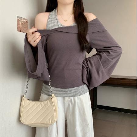 FA38653# 两件套不规则衬衫一字领修身长袖T恤上衣大码女装 服裝批發女裝批發服飾貨源