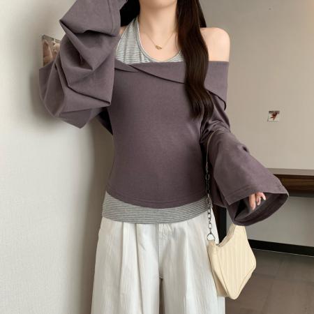 FA38653# 两件套不规则衬衫一字领修身长袖T恤上衣大码女装 服裝批發女裝批發服飾貨源
