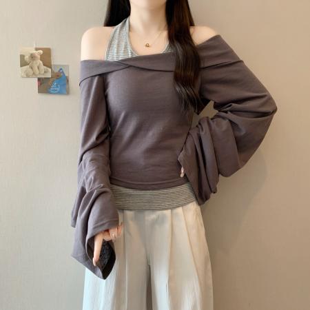 FA38653# 两件套不规则衬衫一字领修身长袖T恤上衣大码女装 服裝批發女裝批發服飾貨源