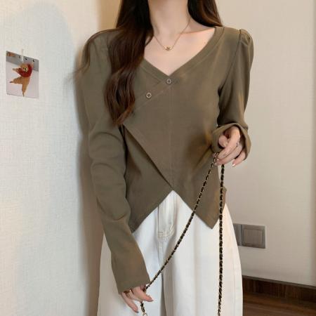 FA38655# 不规则正肩长袖t恤女辣妹锁骨小众上衣大码女装 服裝批發女裝批發服飾貨源