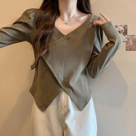 FA38655# 不规则正肩长袖t恤女辣妹锁骨小众上衣大码女装 服裝批發女裝批發服飾貨源