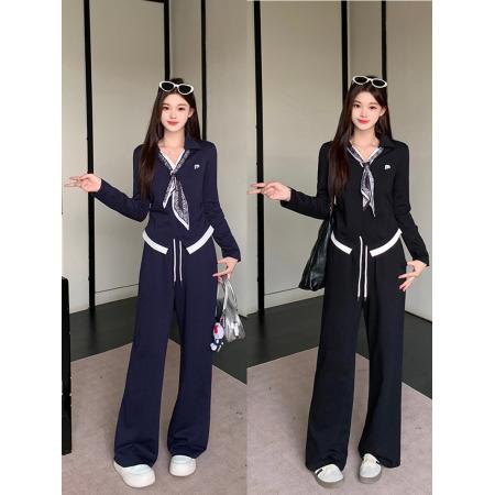 FA38656# 秋装新款胖mm大码女撞色刺绣丝带长袖上衣阔腿裤套装 服裝批發女裝批發服飾貨源