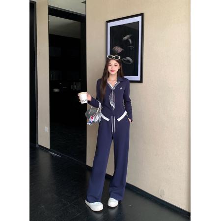 FA38656# 秋装新款胖mm大码女撞色刺绣丝带长袖上衣阔腿裤套装 服裝批發女裝批發服飾貨源