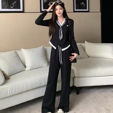 FA38656# 秋装新款胖mm大码女撞色刺绣丝带长袖上衣阔腿裤套装 服裝批發女裝批發服飾貨源