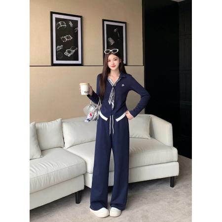 FA38656# 秋装新款胖mm大码女撞色刺绣丝带长袖上衣阔腿裤套装 服裝批發女裝批發服飾貨源