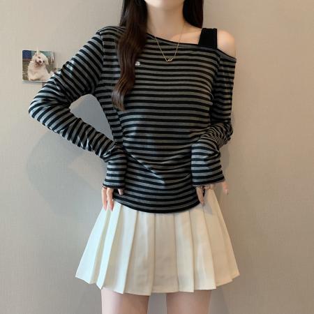 FA38658# 秋装新款胖mm大码女时尚设计感露肩条纹长袖T恤 服裝批發女裝批發服飾貨源