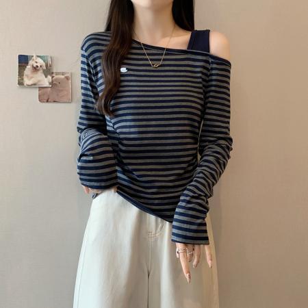 FA38658# 秋装新款胖mm大码女时尚设计感露肩条纹长袖T恤 服裝批發女裝批發服飾貨源