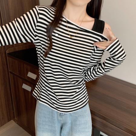 FA38658# 秋装新款胖mm大码女时尚设计感露肩条纹长袖T恤 服裝批發女裝批發服飾貨源