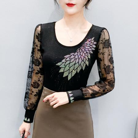 FA38659# 秋季新款欧洲站重工烫钻T恤修身显瘦打底衫蕾丝长袖女潮 服裝批發女裝批發服飾貨源