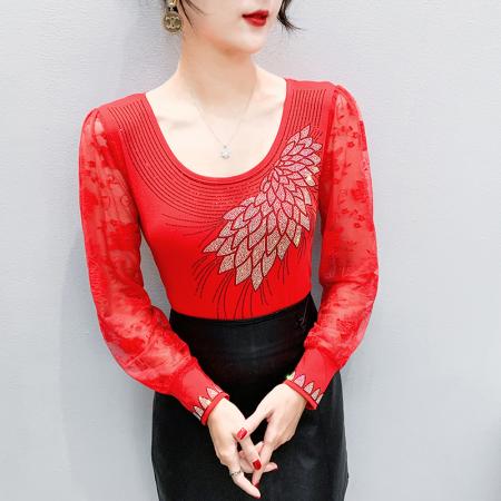 FA38659# 秋季新款欧洲站重工烫钻T恤修身显瘦打底衫蕾丝长袖女潮 服裝批發女裝批發服飾貨源