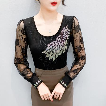 FA38659# 秋季新款欧洲站重工烫钻T恤修身显瘦打底衫蕾丝长袖女潮 服裝批發女裝批發服飾貨源