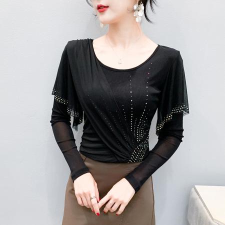FA38661# 秋季新款网纱时尚撞色拼接重工荷叶边烫钻百搭短袖女上衣 服裝批發女裝批發服飾貨源