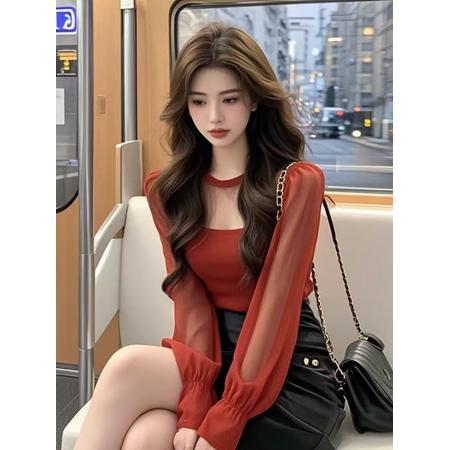 FA38663# 气质复古修身网纱T恤打底衫女秋季新款时尚百搭女装内搭上衣 服裝批發女裝批發服飾貨源