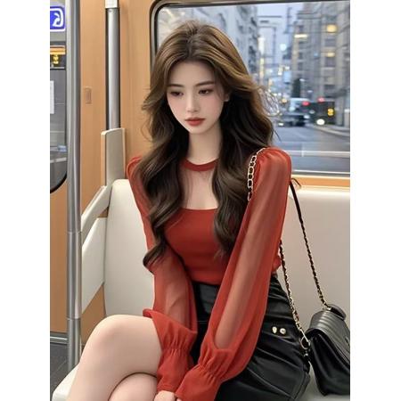 FA38663# 气质复古修身网纱T恤打底衫女秋季新款时尚百搭女装内搭上衣 服裝批發女裝批發服飾貨源