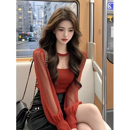 FA38663# 气质复古修身网纱T恤打底衫女秋季新款时尚百搭女装内搭上衣 服裝批發女裝批發服飾貨源
