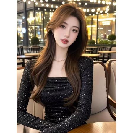 FA38667# 气质轻奢女神范修身内搭上衣秋季新款黑色细闪方领长袖打底衫t恤 服裝批發女裝批發服飾貨源