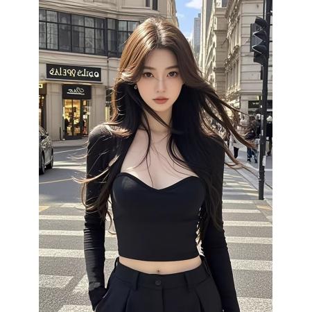 FA38670# 纯欲甜辣风带胸垫气质长袖T恤女秋季新款修身显瘦百搭上衣 服裝批發女裝批發服飾貨源