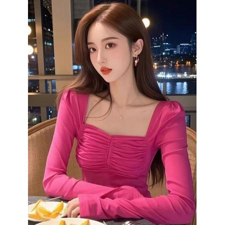 FA38676# 设计感独特别致玫红色方领打底衫女秋季内搭修身褶皱长袖t恤上衣 服裝批發女裝批發服飾貨源