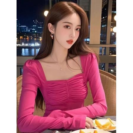 FA38676# 设计感独特别致玫红色方领打底衫女秋季内搭修身褶皱长袖t恤上衣 服裝批發女裝批發服飾貨源
