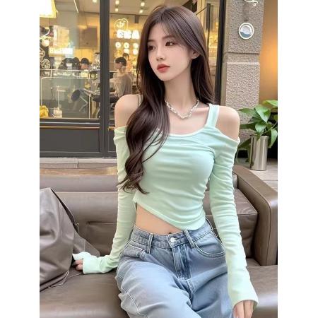 FA38678# 纯欲性感露肩短款打底衫新款爆款秋季长袖t恤女款独特上衣 服裝批發女裝批發服飾貨源