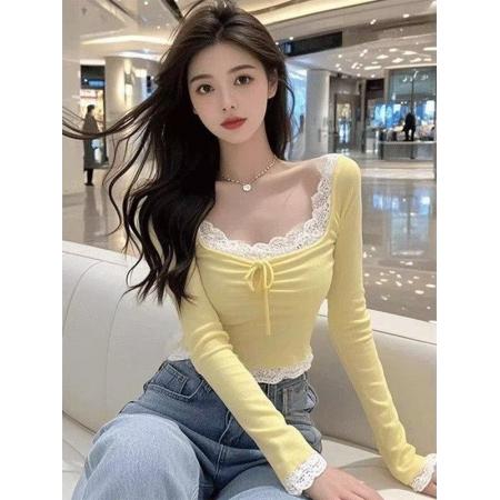 FA38679# 纯欲蕾丝拼接系带长袖t恤女新款秋季超好看打底衫内搭上衣女 服裝批發女裝批發服飾貨源