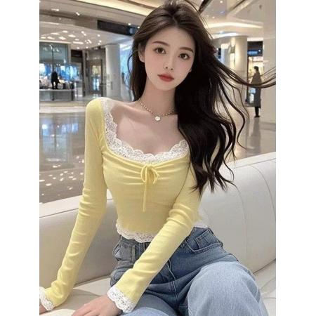 FA38679# 纯欲蕾丝拼接系带长袖t恤女新款秋季超好看打底衫内搭上衣女 服裝批發女裝批發服飾貨源