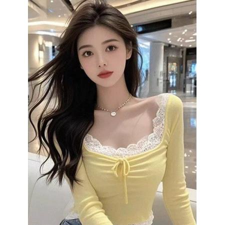 FA38679# 纯欲蕾丝拼接系带长袖t恤女新款秋季超好看打底衫内搭上衣女 服裝批發女裝批發服飾貨源