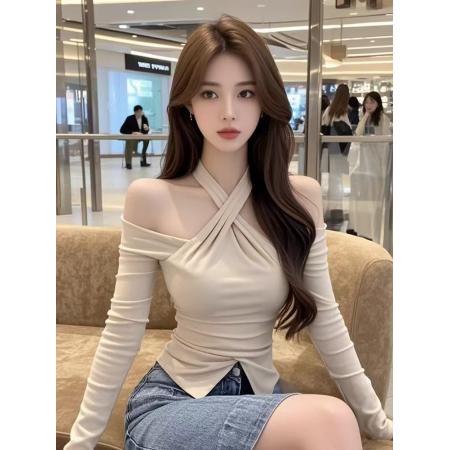 FA38685# 性感辣妹一字肩挂脖长袖打底衫女秋季新款修身显瘦百搭上衣 服裝批發女裝批發服飾貨源