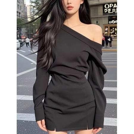 FA38690# 时尚辣妹风斜肩开叉收腰连衣裙女秋季新款气质修身百搭裙子 服裝批發女裝批發服飾貨源