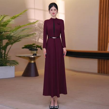 FA38704# 酒红色立领大摆连衣裙秋季时尚修身收腰显瘦气质长裙 服裝批發女裝批發服飾貨源