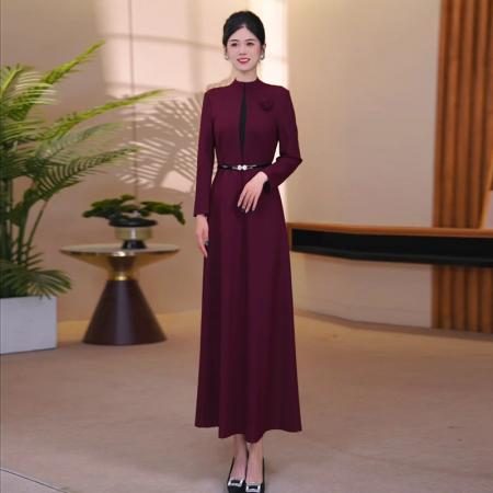 FA38704# 酒红色立领大摆连衣裙秋季时尚修身收腰显瘦气质长裙 服裝批發女裝批發服飾貨源