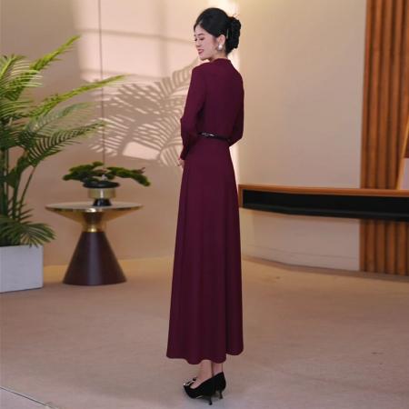 FA38704# 酒红色立领大摆连衣裙秋季时尚修身收腰显瘦气质长裙 服裝批發女裝批發服飾貨源