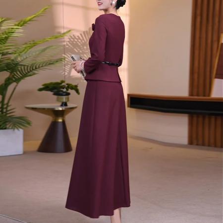 FA38705# 酒红色假两件大摆连衣裙秋季时尚修身收腰显瘦气质长裙 服裝批發女裝批發服飾貨源