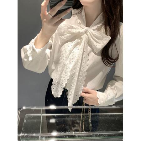 FA38708# 法式温柔花边白色衬衫女春季新款飘带上衣叠穿内搭打底棉衬衣 服裝批發女裝批發服飾貨源