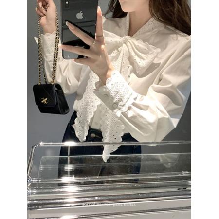 FA38708# 法式温柔花边白色衬衫女春季新款飘带上衣叠穿内搭打底棉衬衣 服裝批發女裝批發服飾貨源