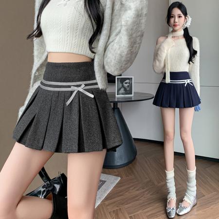 FA38710# 学院风辣妹织带拼接毛呢百褶裙女秋冬款高腰半身裙短裙 服裝批發女裝批發服飾貨源