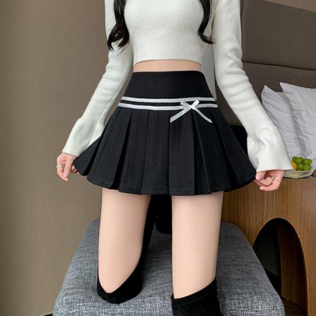FA38710# 学院风辣妹织带拼接毛呢百褶裙女秋冬款高腰半身裙短裙 服裝批發女裝批發服飾貨源
