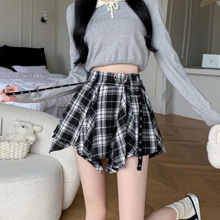 FA38711# 不规则格子半身裙女秋冬款短裙A字裙高腰伞裙裤裙 服裝批發女裝批發服飾貨源