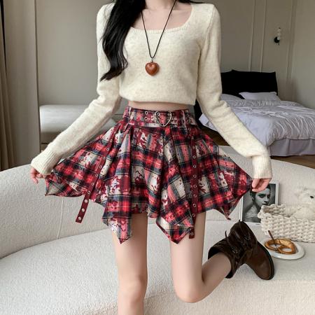 FA38711# 不规则格子半身裙女秋冬款短裙A字裙高腰伞裙裤裙 服裝批發女裝批發服飾貨源