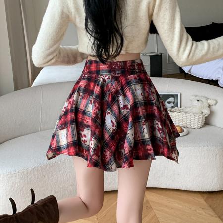 FA38711# 不规则格子半身裙女秋冬款短裙A字裙高腰伞裙裤裙 服裝批發女裝批發服飾貨源