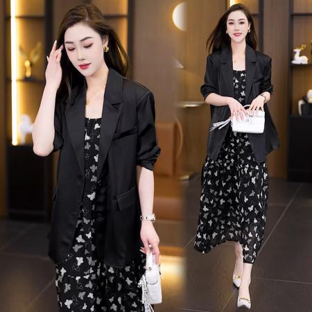 FA38720# 早秋设计感后背开叉西装外套时尚蝴蝶吊带连衣裙两件套 服裝批發女裝批發服飾貨源