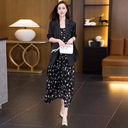 FA38720# 早秋设计感后背开叉西装外套时尚蝴蝶吊带连衣裙两件套 服裝批發女裝批發服飾貨源